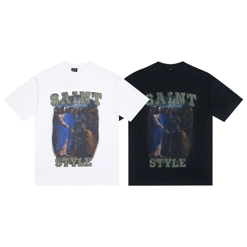 100💰S10#美Chao SAINT white ink direct-injection pure cotton 260g loose short-sleeved T-shirt 15 black, white S-XL